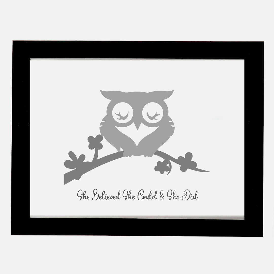 She Believed She Could Owl Framed Print - Uplifting wall art for educators and health professionals, featuring a motivational message to inspire confidence and perseverance.