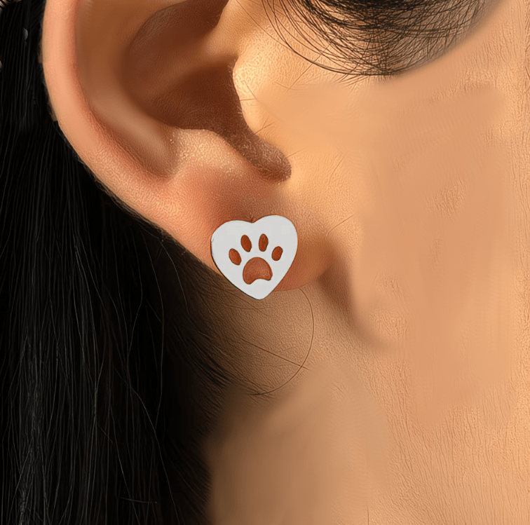Heart Paw Shaped Stud Earrings  Silver