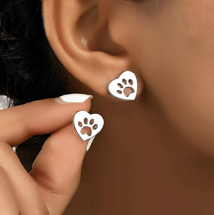 Heart Paw Shaped Stud Earrings  Silver
