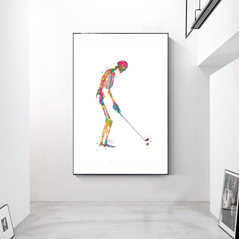 Skeleton Golfing 100% Cotton Canvas Watercolour Print - Perfect for dental offices or educational spaces, adding a touch of humor to health and wellness themes.