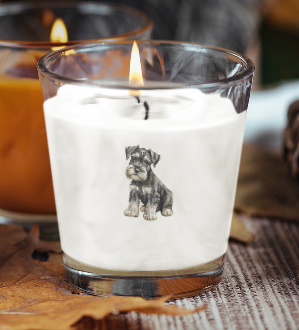 Dog Breed Design Scented Candle featuring a charming illustration of various dog breeds, ideal for pet lovers who enjoy a cozy and aromatic ambiance.