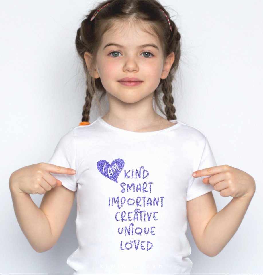 Children's Positive Affirmation T-shirt featuring inspiring messages to encourage confidence and self-esteem in kids.