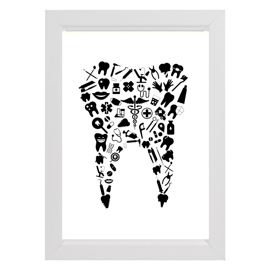 Tool Filled Tooth Framed Print - A whimsical, dentist-themed artwork featuring playful dental tools and teeth, perfect for decorating dental offices or as a unique gift for dental professionals.