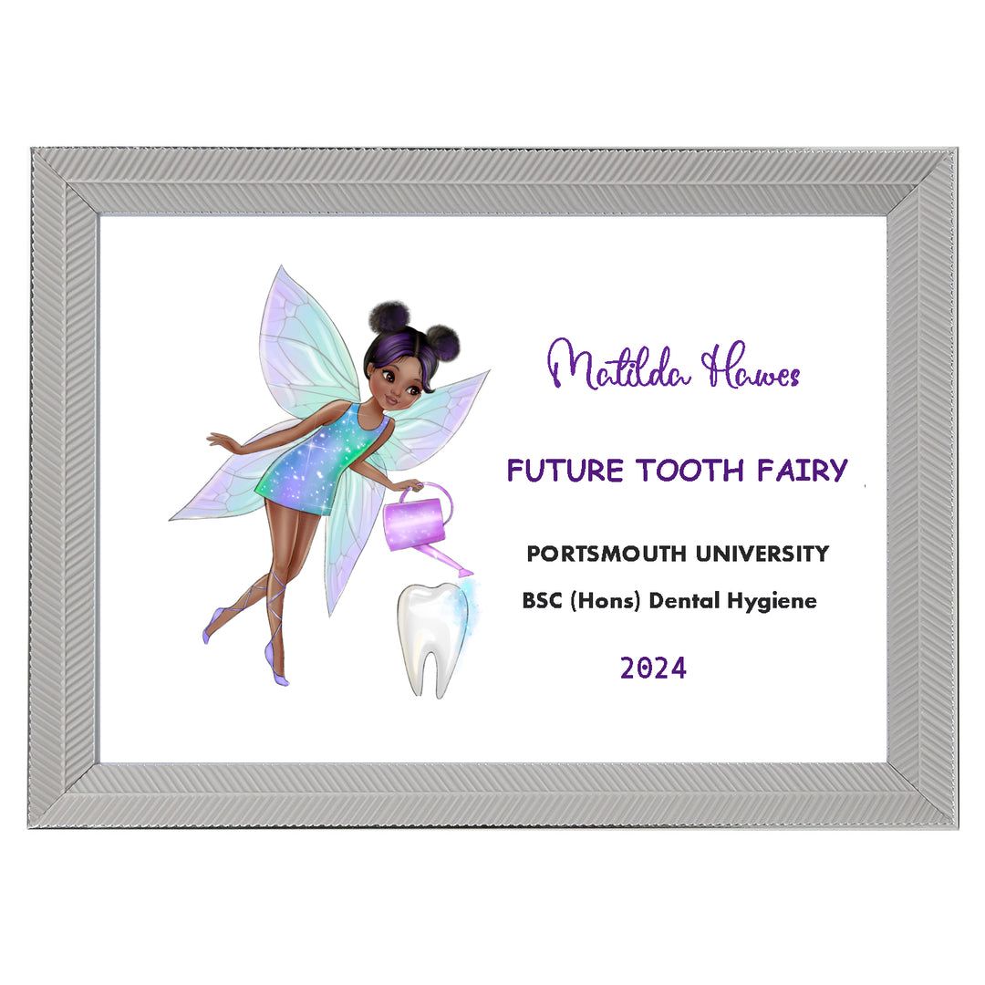 Framed print featuring a whimsical Tooth Fairy design, ideal for decorating children's rooms or celebrating dental milestones.