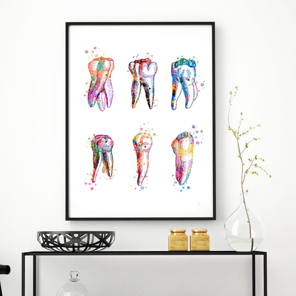 "Types of Teeth" wall art print made from 100% cotton canvas, featuring detailed illustrations of various teeth types, ideal for educational settings, dental offices, or as unique home decor.