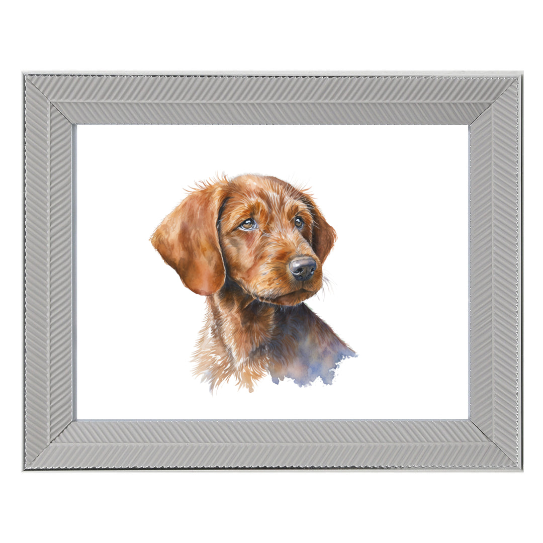 Watercolour Puppy Dog Breeds Framed Print showcasing various puppy breeds in a vibrant artistic design.