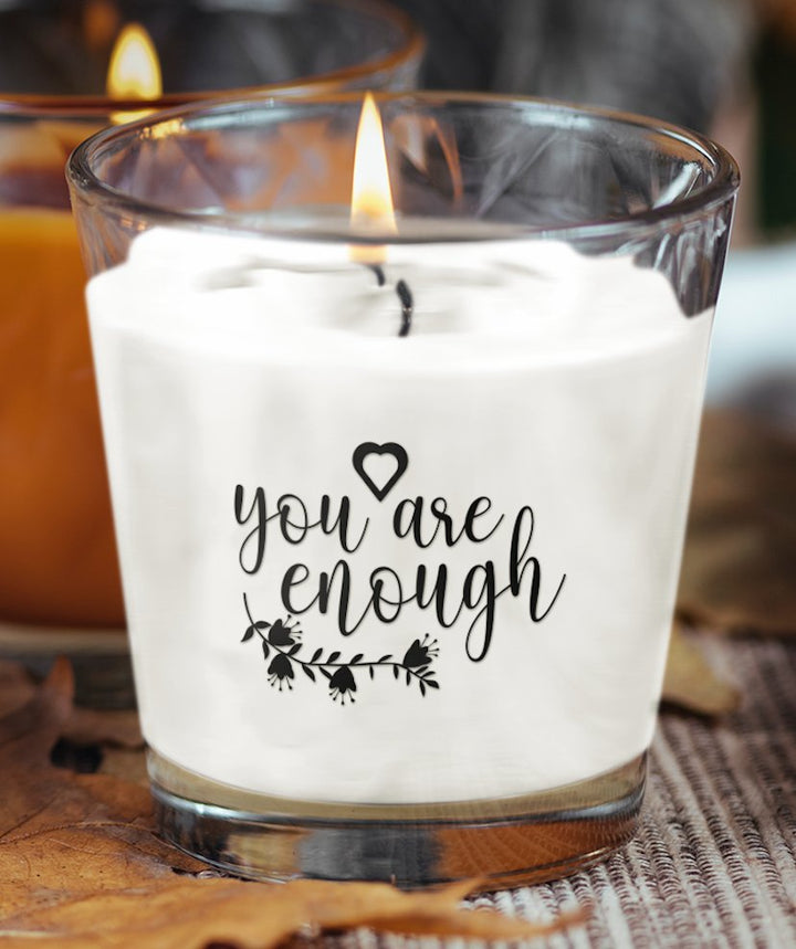 You Are Enough Design Scented Candle – Inspirational scented candle featuring an empowering message, ideal for health and social care professionals seeking mindfulness and relaxation in their workspace.