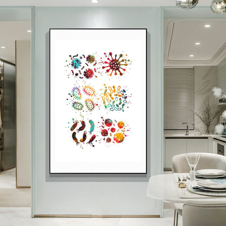 Watercolour print on 100% cotton canvas featuring microbes and bacteria, perfect for professionals in Health, Education, and Science, ideal for classroom or office decor.