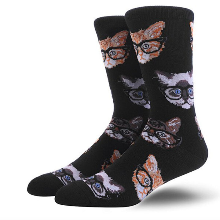 Cats Wearing Glasses Cotton Socks featuring a playful design of cats with glasses, crafted from soft cotton for comfort, perfect for cat enthusiasts and cozy wear.