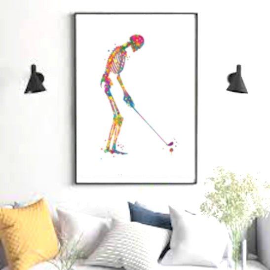 Skeleton Golfing 100% Cotton Canvas Watercolour Print