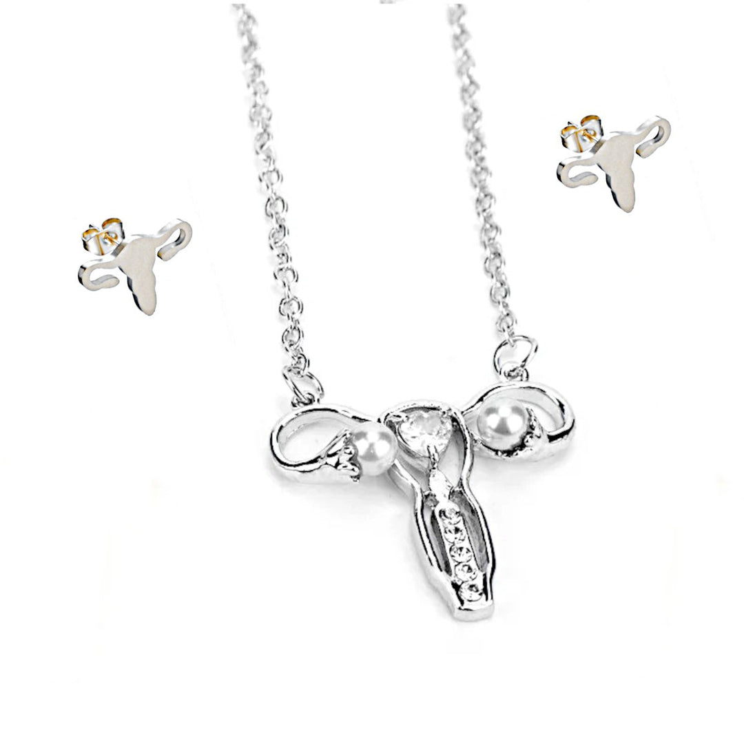 Silver Uterus Diamante Necklace and matching earrings, a stylish accessory representing women’s health.