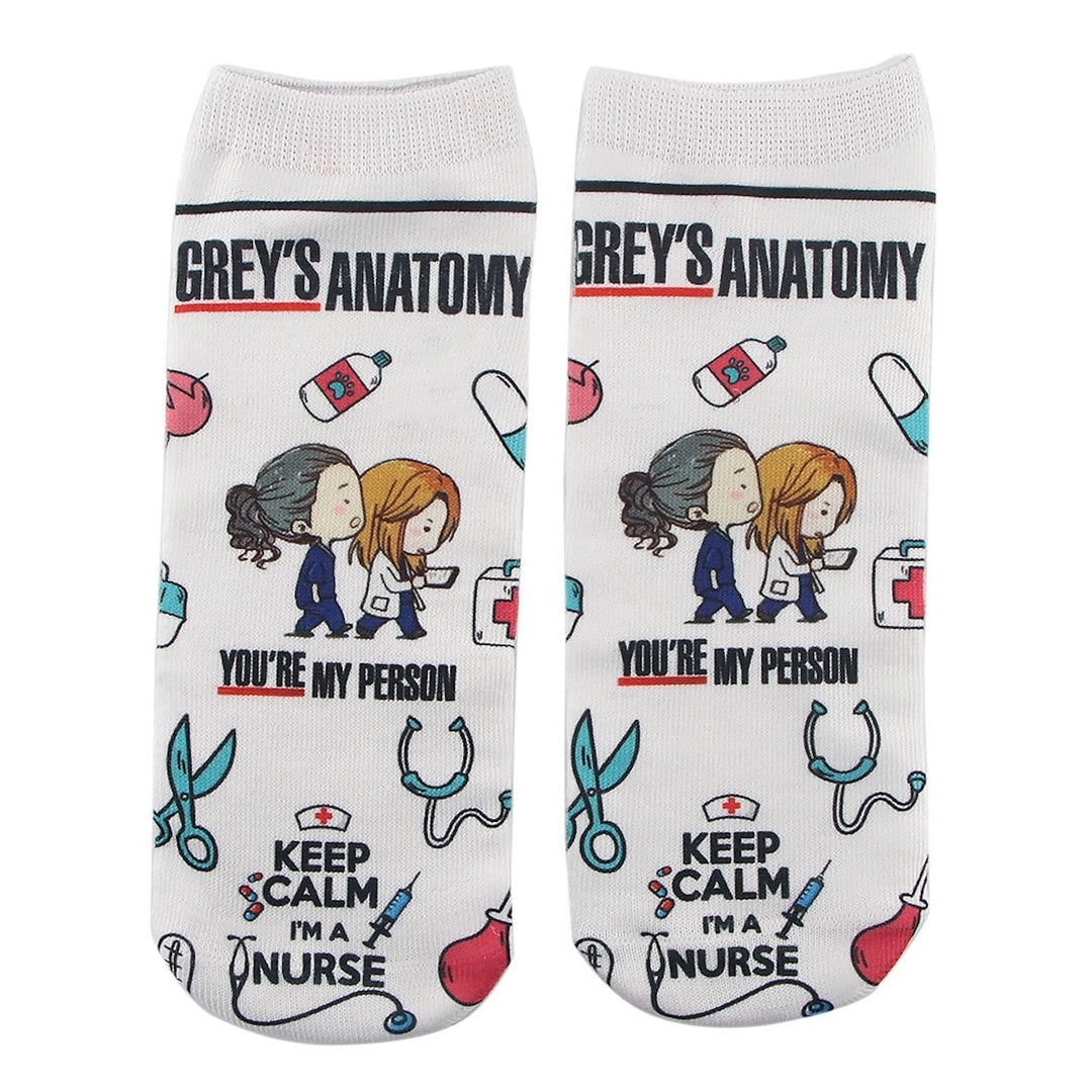 Grey's Anatomy cotton socks featuring 'You're My Person' design, perfect for nurses and healthcare professionals who cherish the bond of teamwork and friendship in patient care.