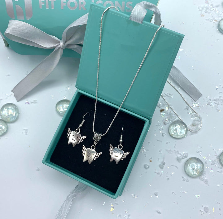 Tooth Fairy necklace and matching earrings, ideal for dental professionals to celebrate children's dental milestones.