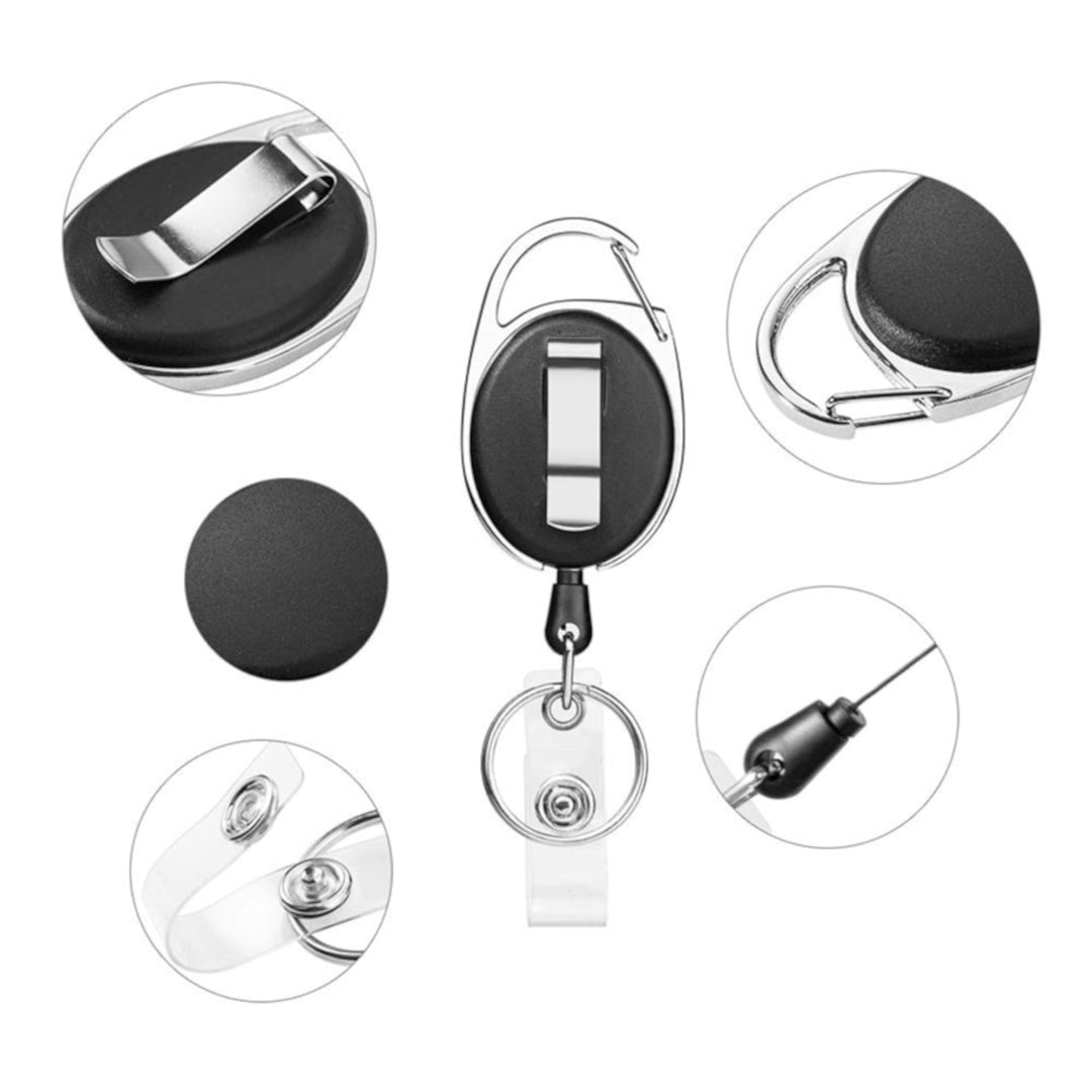 Retractable Badge Reel with Key Ring and Badge Strap in black and silver, designed for easy access and secure display of identification.