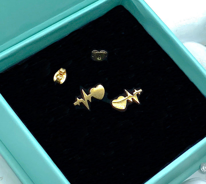 Heart Shape ECG Stud Earrings in Gold, perfect for health professionals and medical personnel. A stylish accessory symbolizing a commitment to care and health, ideal for those in the medical field.