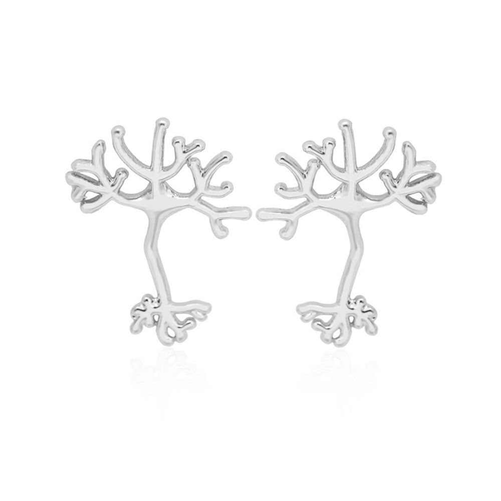 Elegant Silver Neuron Stud Earrings, intricately designed to reflect the beauty of neuron structures, perfect for science enthusiasts and a subtle yet stylish addition to any outfit.