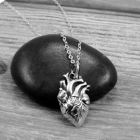 Anatomical Heart Necklace Antique Silver