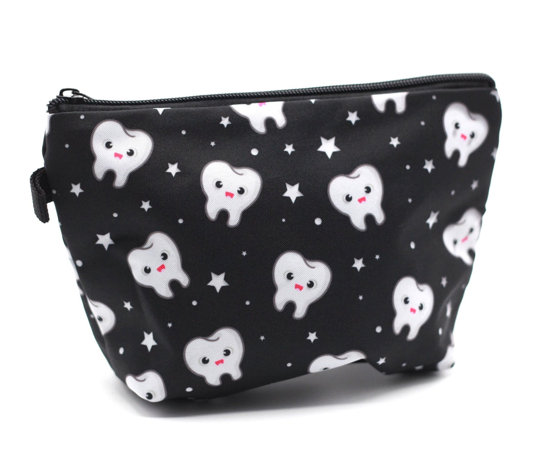 Dentistry ‘Tooth Star’ Design Make-up Bag in Black - A chic black makeup bag featuring a whimsical tooth star design, perfect for dental professionals and enthusiasts to organize cosmetics or dental essentials.