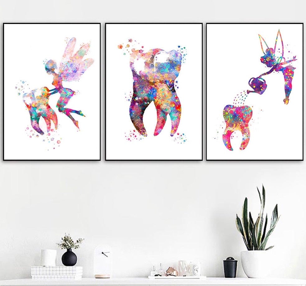 Charming set of 3 Tooth Fairy themed canvas wall art prints, showcasing whimsical designs perfect for children's rooms or dental spaces.