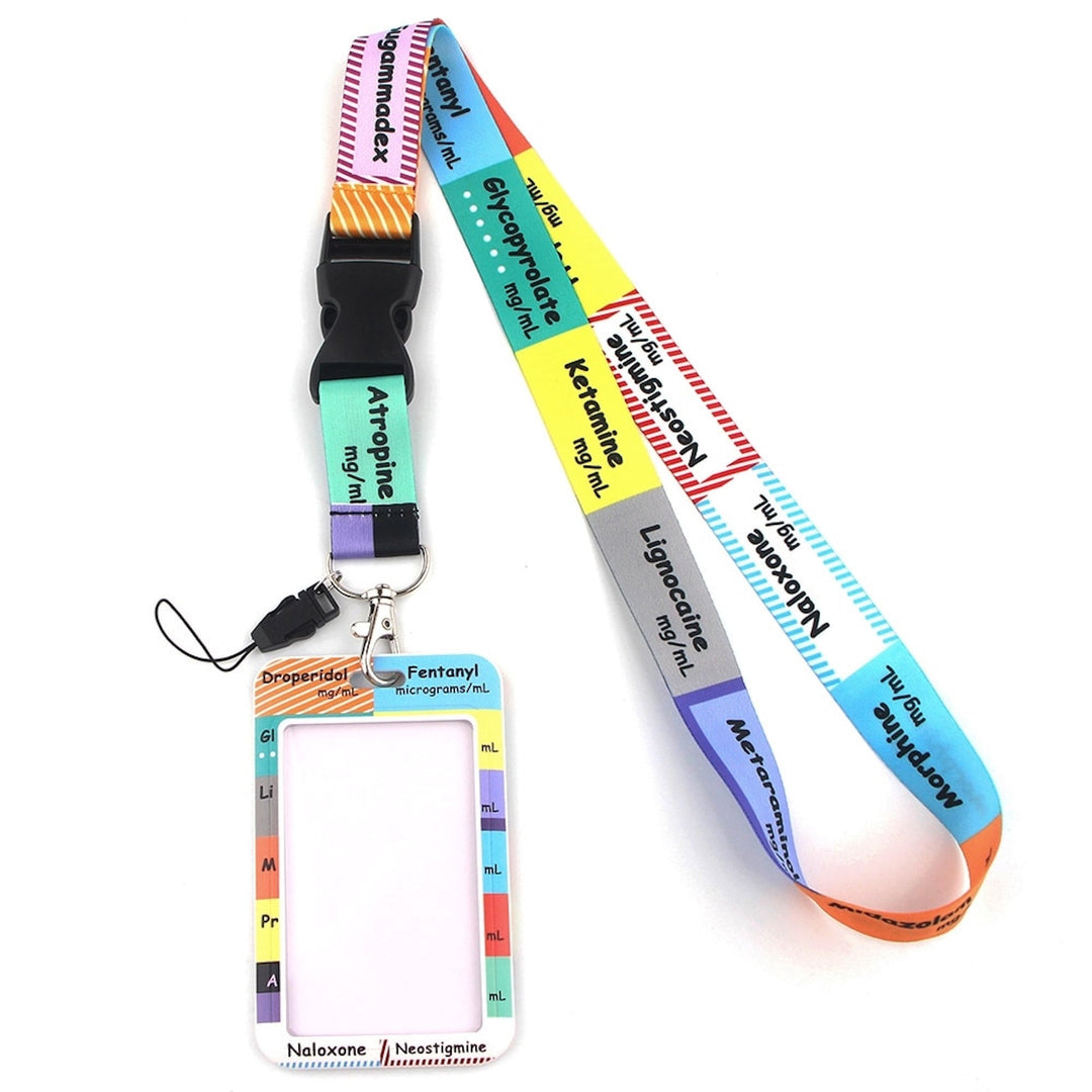 Pharmacy lanyard and ID card holder featuring drug and medication-themed design, perfect for healthcare professionals such as pharmacists, nurses, and medical staff to display their identification in style.