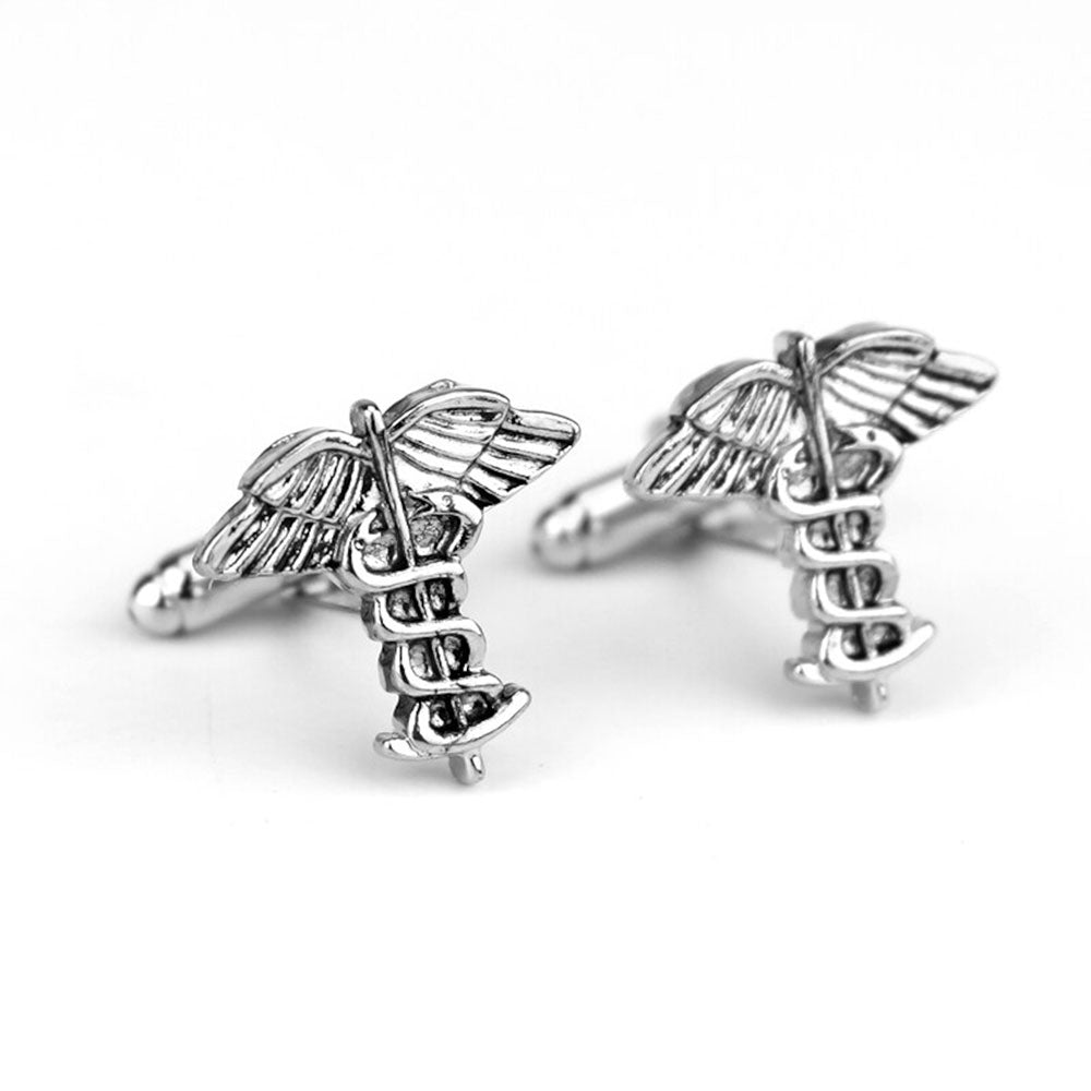 Elegant silver-plated cufflinks featuring the Medical Caduceus symbol, perfect for doctors, medical professionals, or anyone in the healthcare field looking to add a sophisticated touch to their attire.