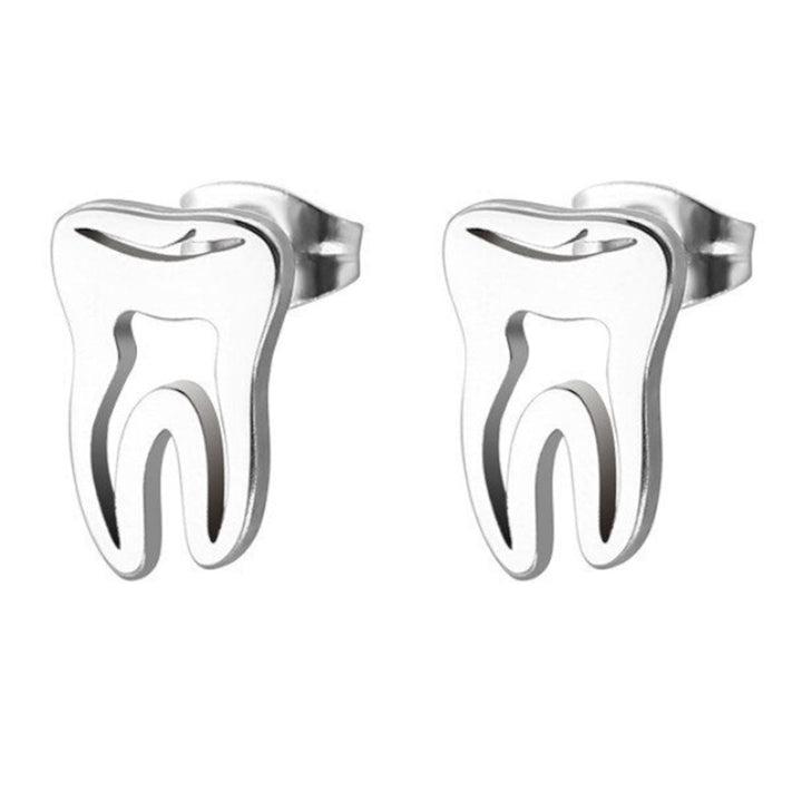 Silhouette Tooth Earrings - Elegant silver earrings featuring a stylish silhouette of a tooth, ideal for dental professionals and enthusiasts.