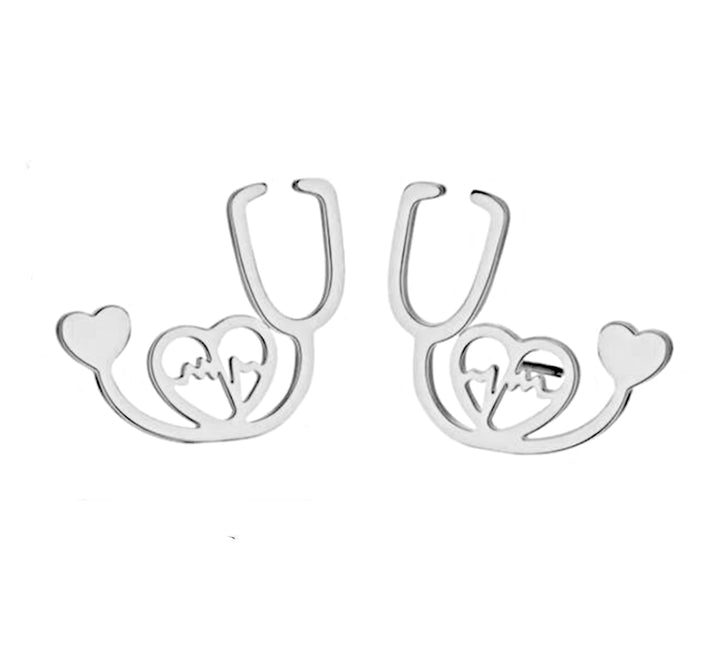 Silver stethoscope heart ECG stud earrings, a stylish accessory for healthcare professionals.