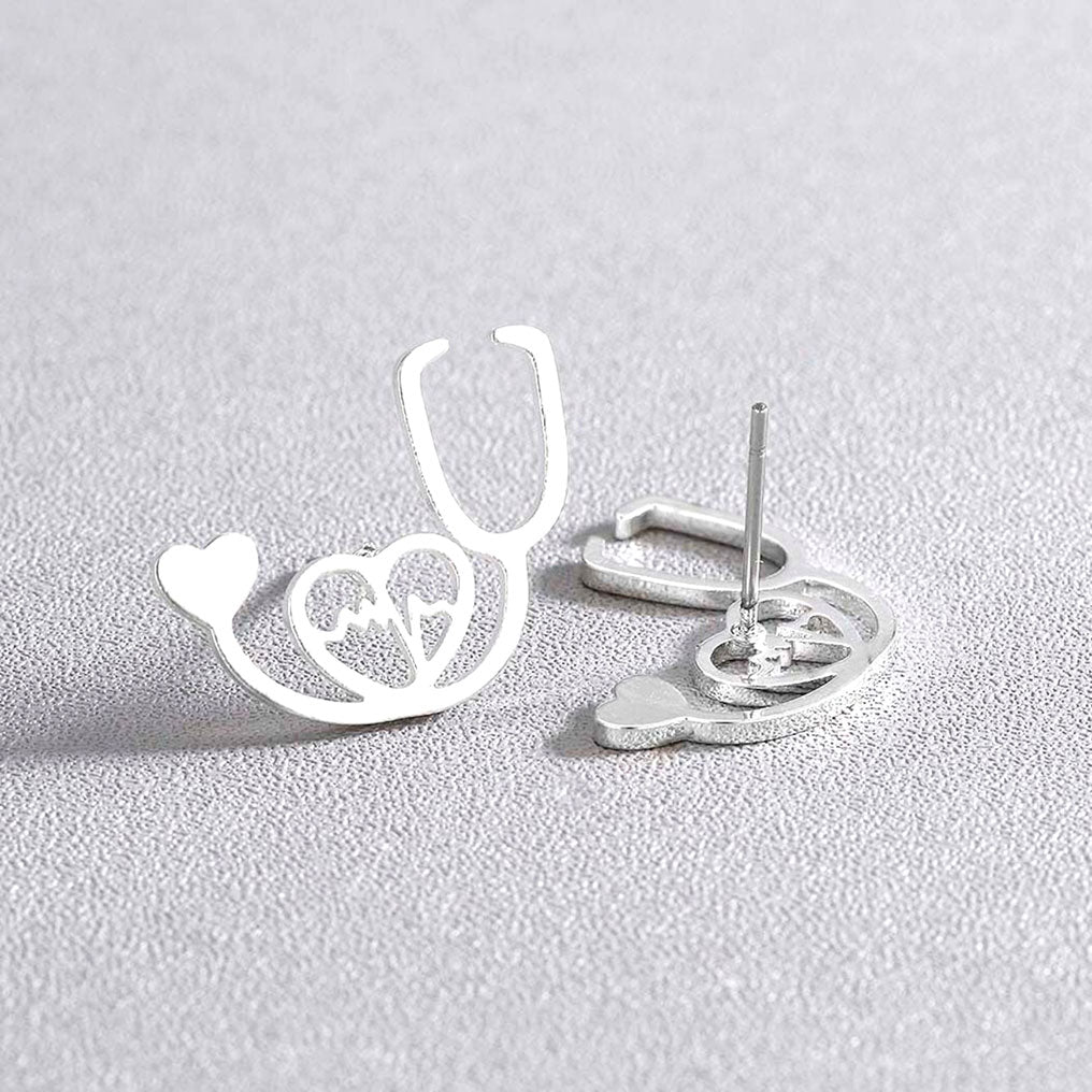 Stethoscope Heart ECG Stud Earrings Silver