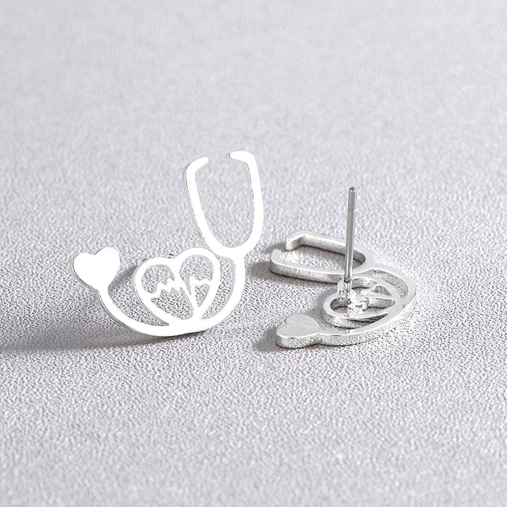 Stethoscope Heart ECG Stud Earrings Silver