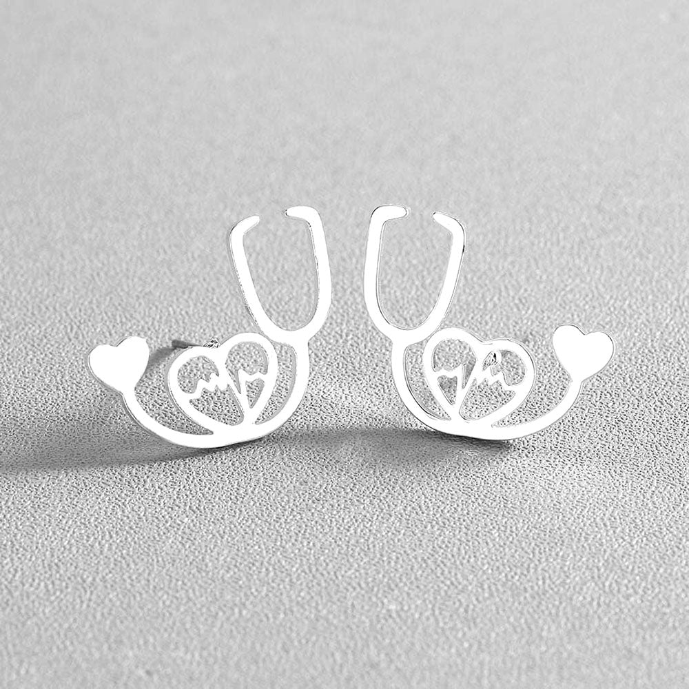 Stethoscope Heart ECG Stud Earrings Silver