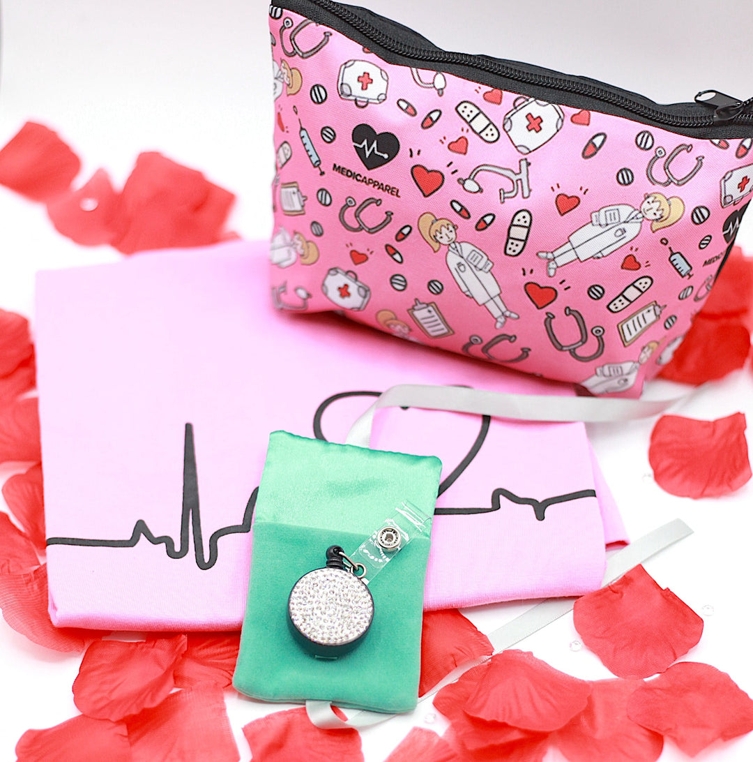 Stylish set including a makeup bag, a T-shirt, and a diamante ID badge holder, perfect for health professionals and keyworkers looking to combine practicality and elegance.