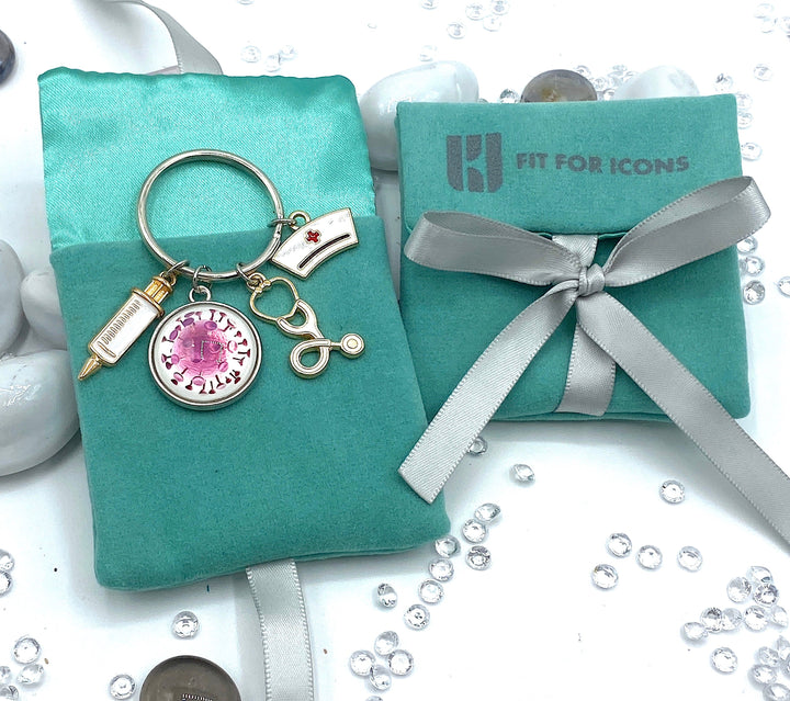 Virus Cabochon and Nurse Charms Keyring, featuring charming virus design alongside a nurse charm, perfect for healthcare professionals.