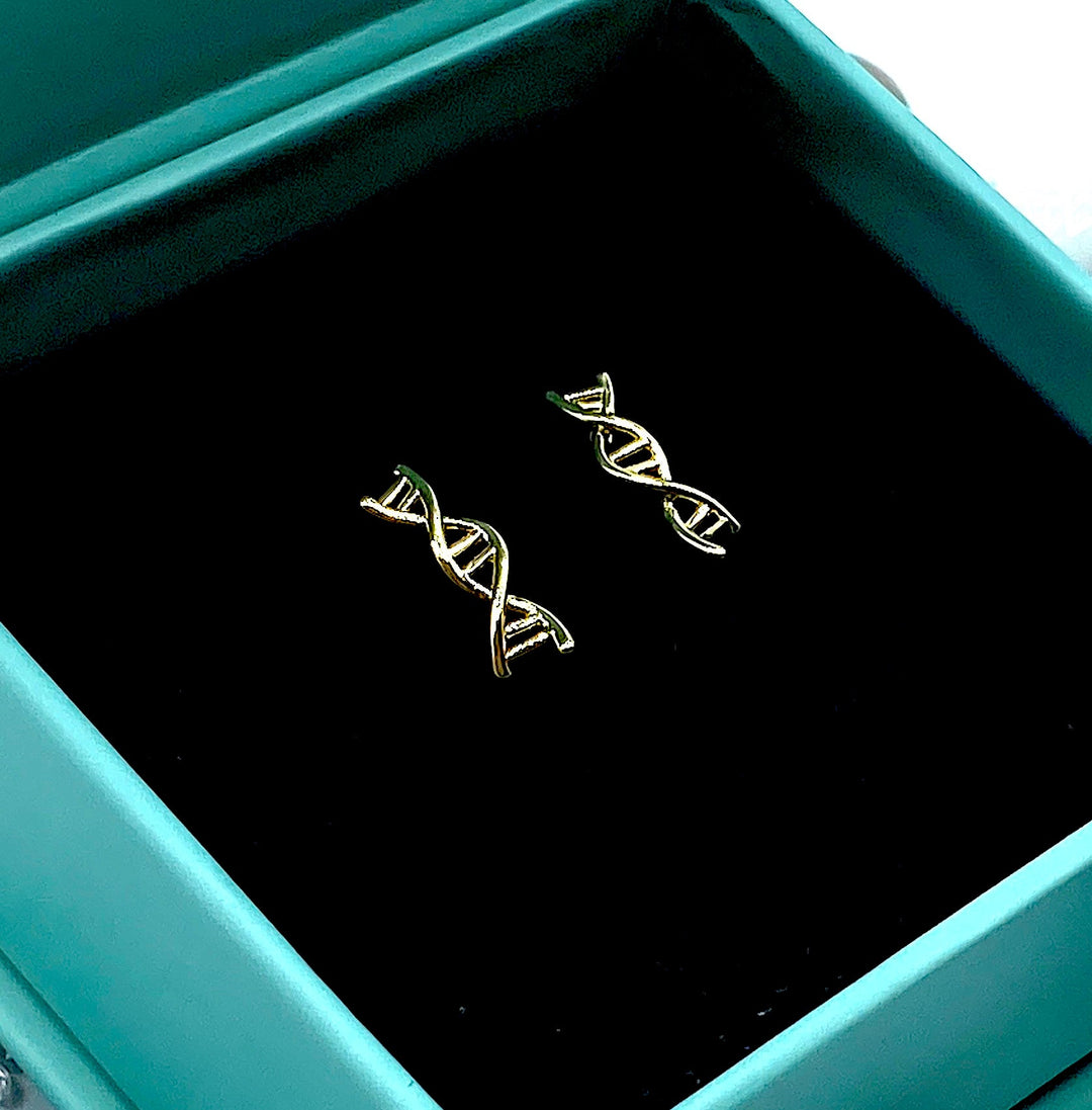 Chic DNA Double Helix Stud Earrings in gold, ideal for professionals in Health, Dentistry, Veterinary, and Education, showcasing a refined taste for science-inspired jewelry.