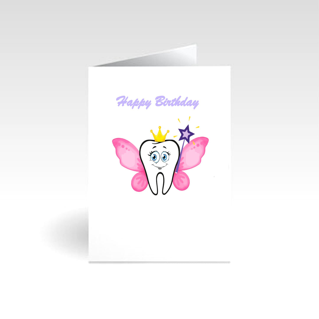 Happy Birthday Tooth Fairy greeting card featuring whimsical illustrations and festive designs, perfect for celebrating a special birthday with a touch of magic.